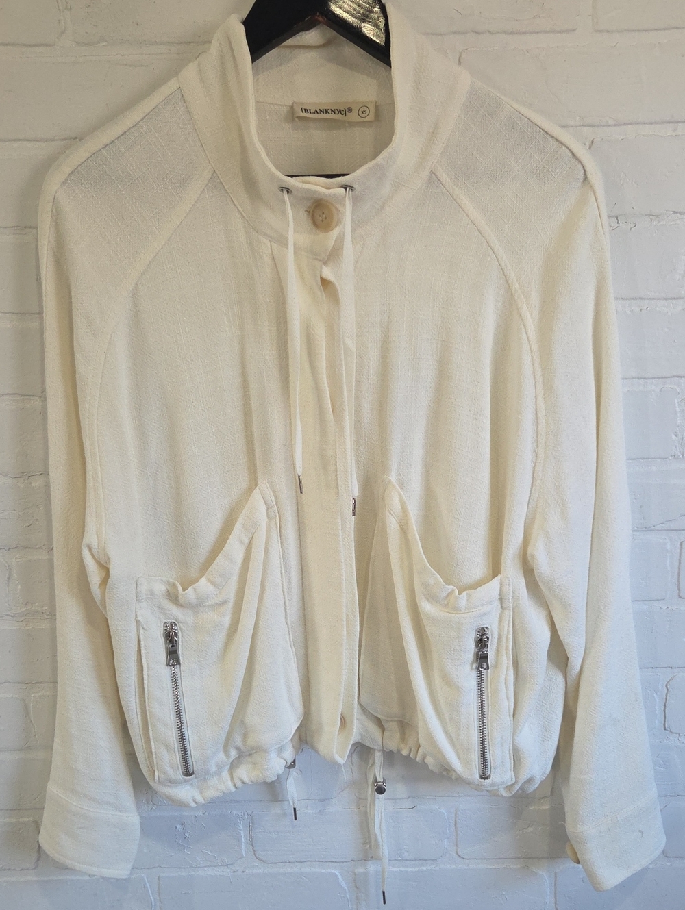 Blank NYC Cream Drawstring Zip-Pocket Bomber Jacket